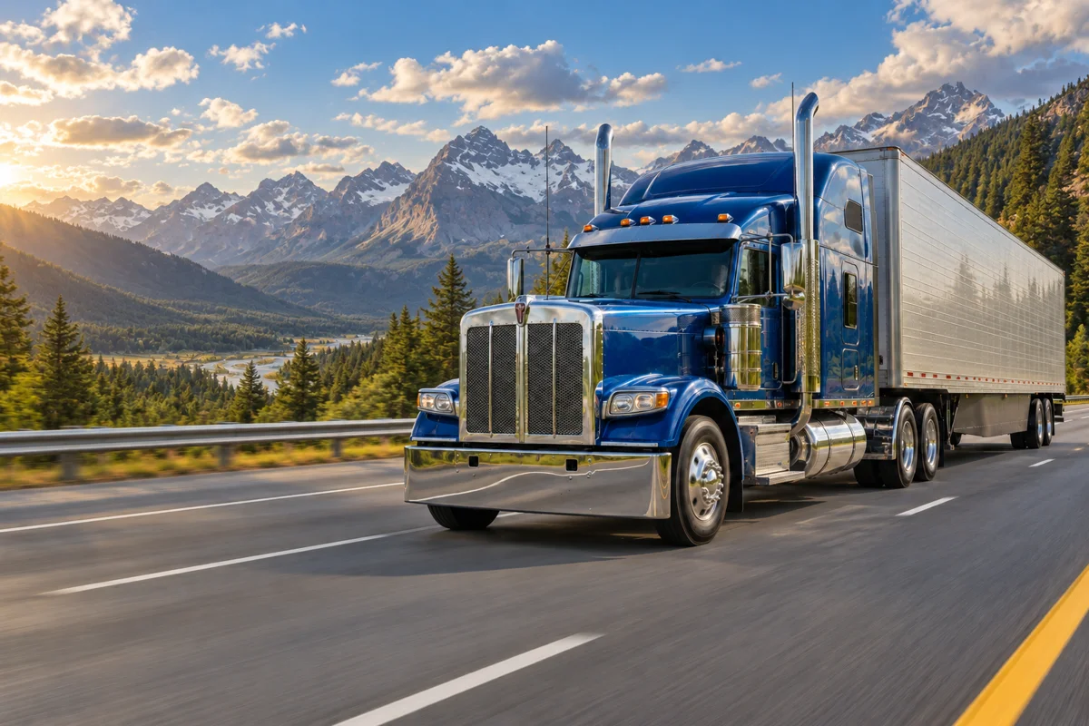 Blue and chrome semi truck driving through mountain scenery