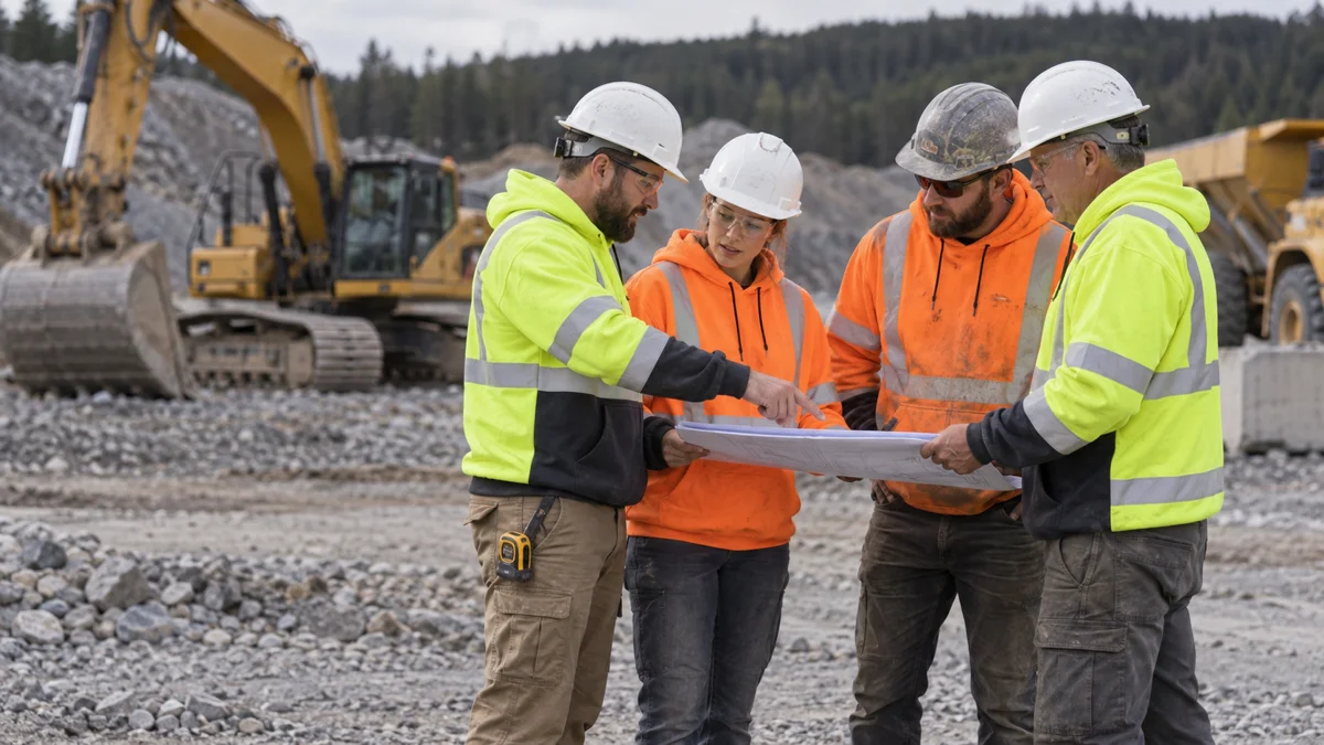 Workers in high-visibility hoodies collaborating at a heavy equipment worksite